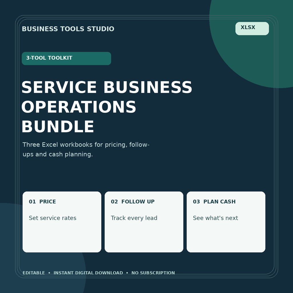 Business Tools Studio Service Business Operations Bundle of three Excel workbooks